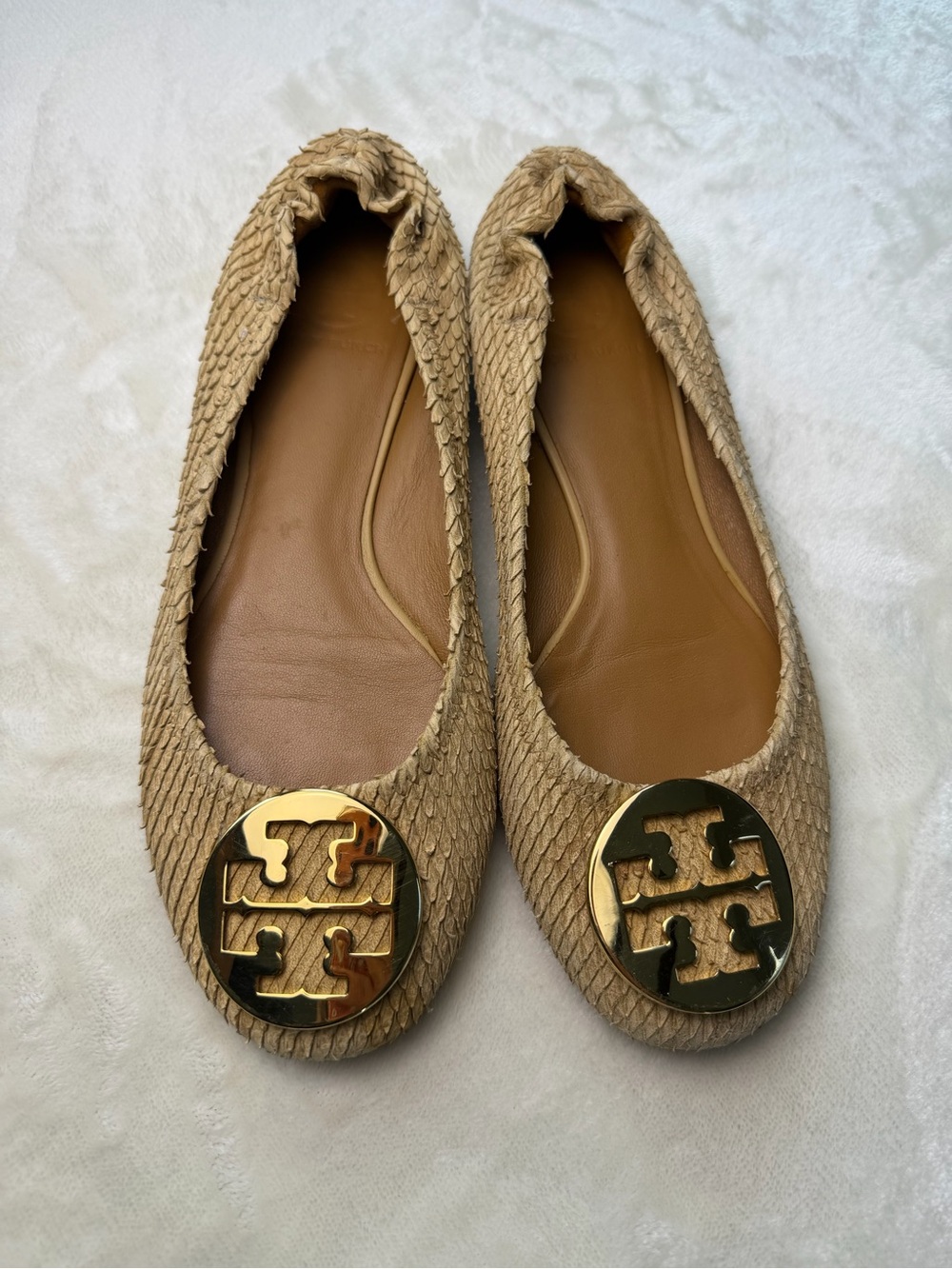 Tory Burch Beige Python Snakeskin Reva Ballet Flats Gold Medallion Logo